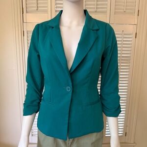 Toska Teal Ruched 3/4 Sleeve Single Button Blazer Jacket Small
